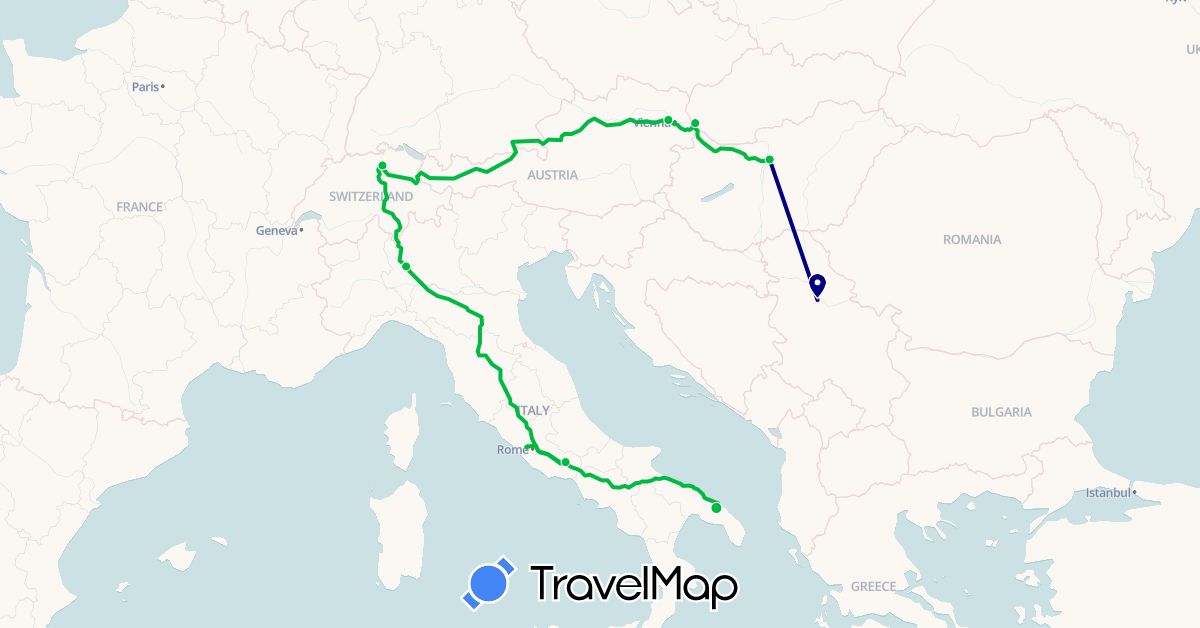 TravelMap itinerary: driving, bus in Austria, Switzerland, Hungary, Italy, Serbia, Slovakia (Europe)