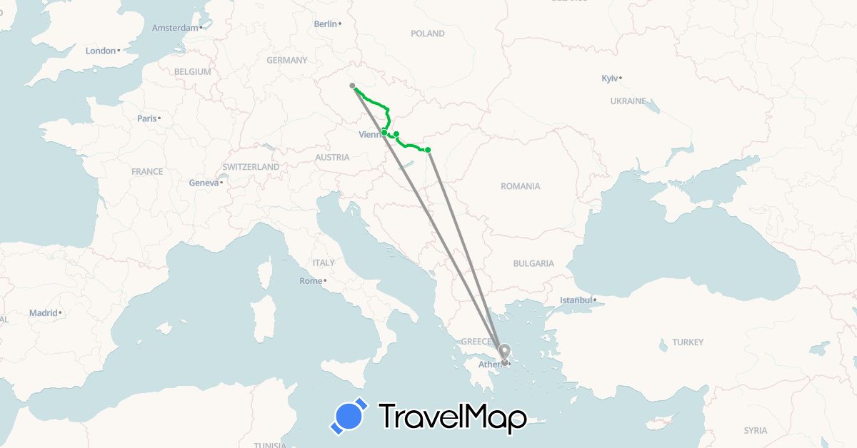 TravelMap itinerary: driving, bus, plane in Austria, Czech Republic, Greece, Hungary, Slovakia (Europe)