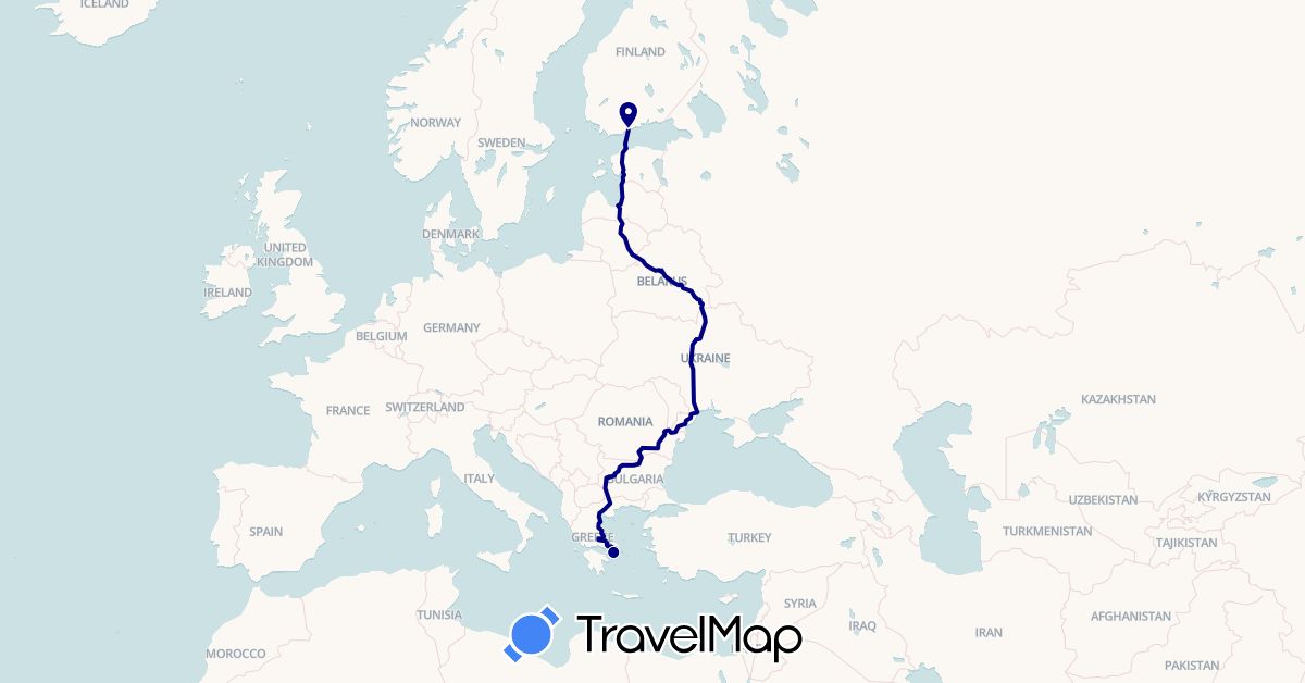 TravelMap itinerary: driving in Bulgaria, Belarus, Estonia, Finland, Greece, Lithuania, Latvia, Romania, Ukraine (Europe)