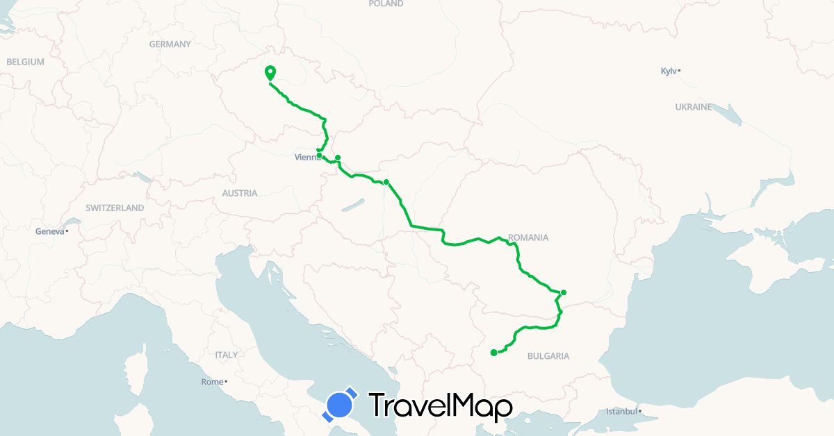 TravelMap itinerary: driving, bus in Austria, Bulgaria, Czech Republic, Hungary, Romania, Slovakia (Europe)